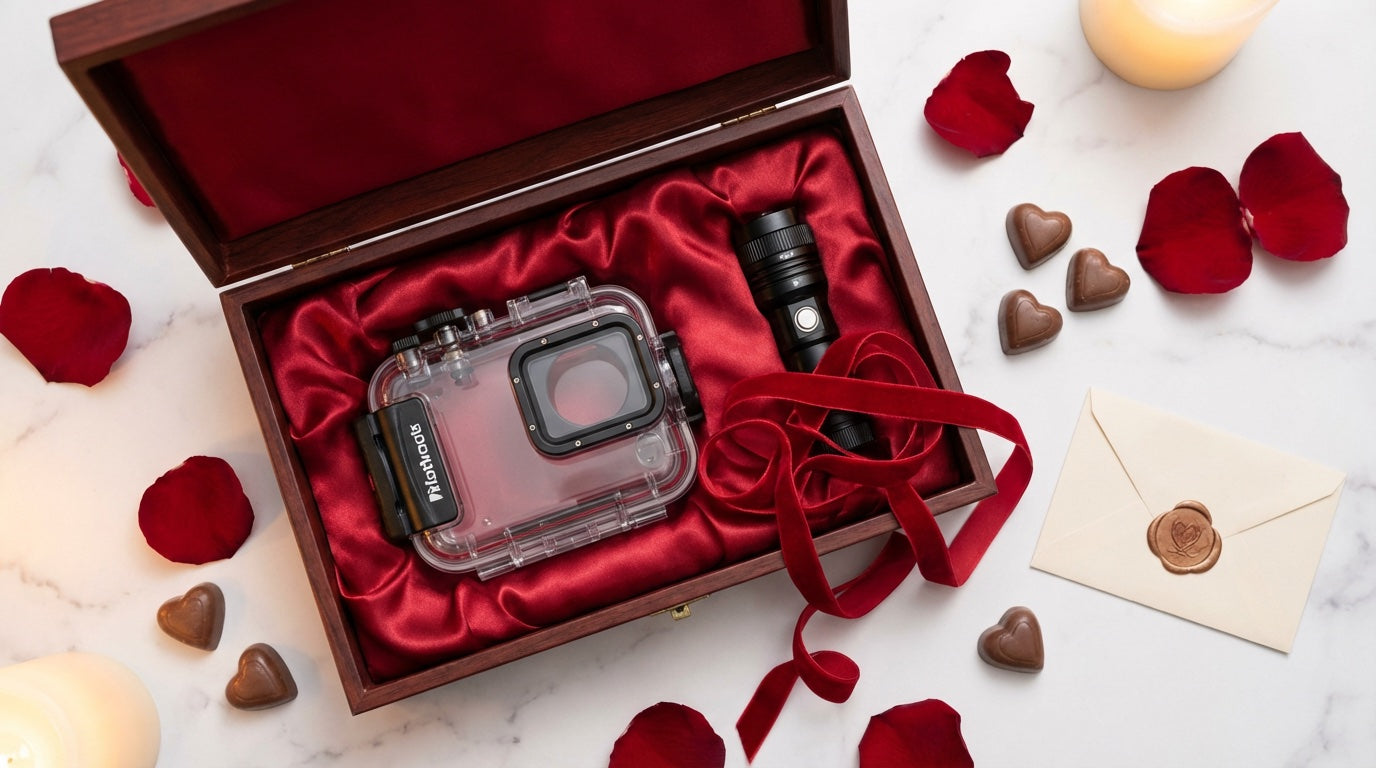 Valentine's Day dive gift box with underwater housing and accessories