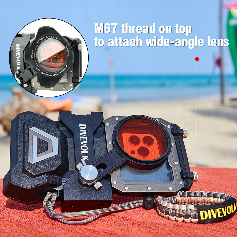 DiveVolk SeaTouch 4 Max underwater housing with M67 wide-angle lens