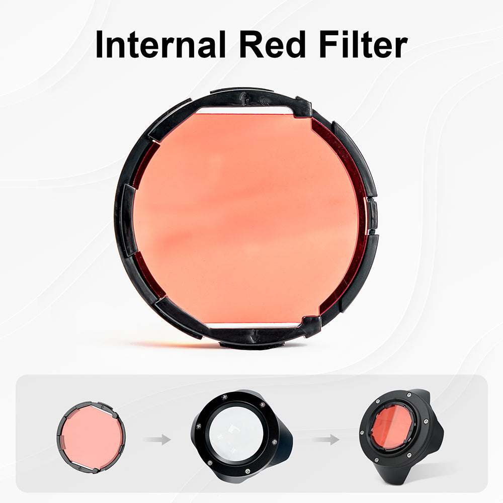 DIVEVOLK Internal Red Filter product shot — round red filter disc with frame, and three-step installation sequence showing filter, housing mount, and assembled unit.
