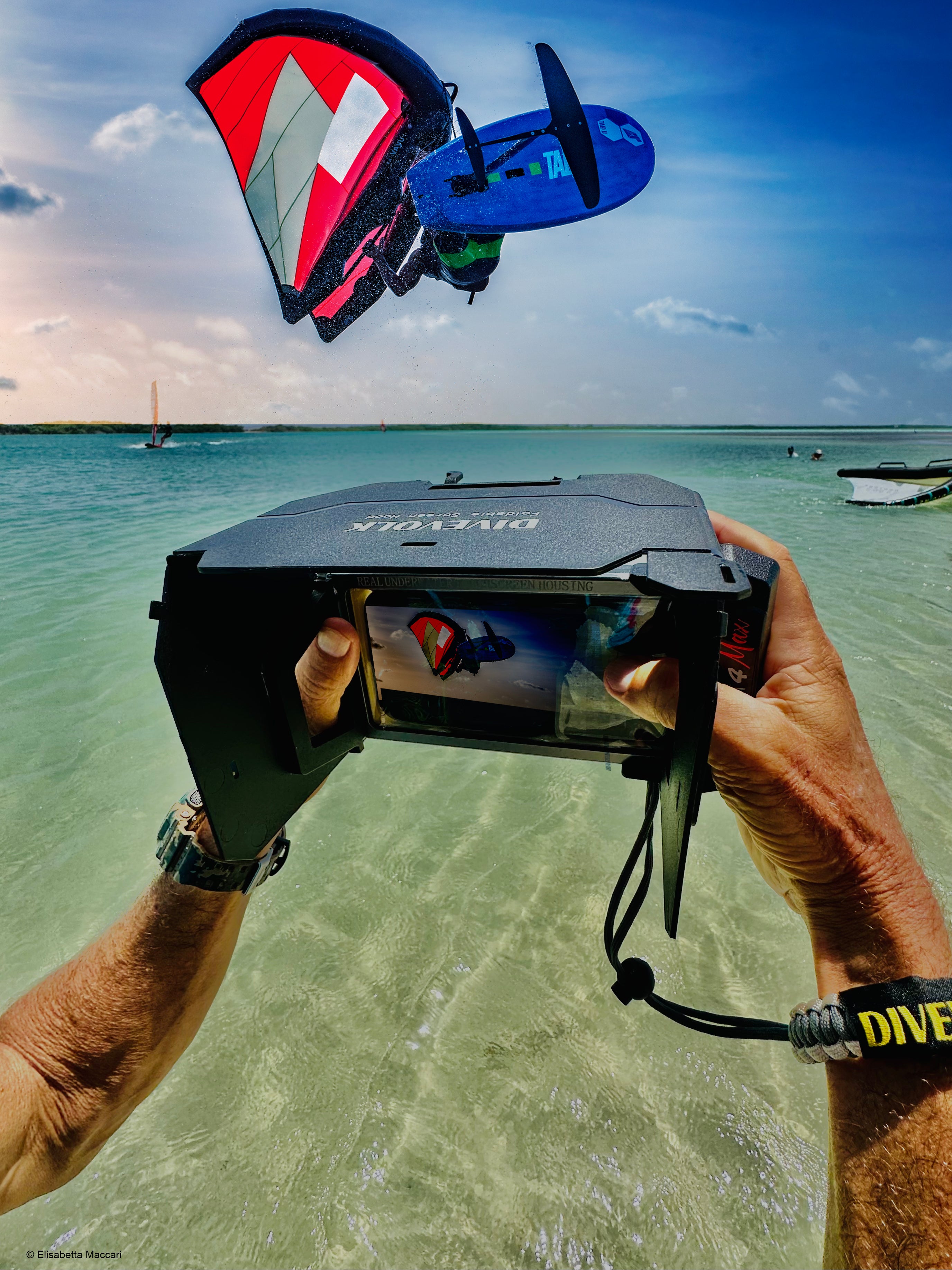 SeaTouch 4 Max housing foldable hood filming windsurfer.