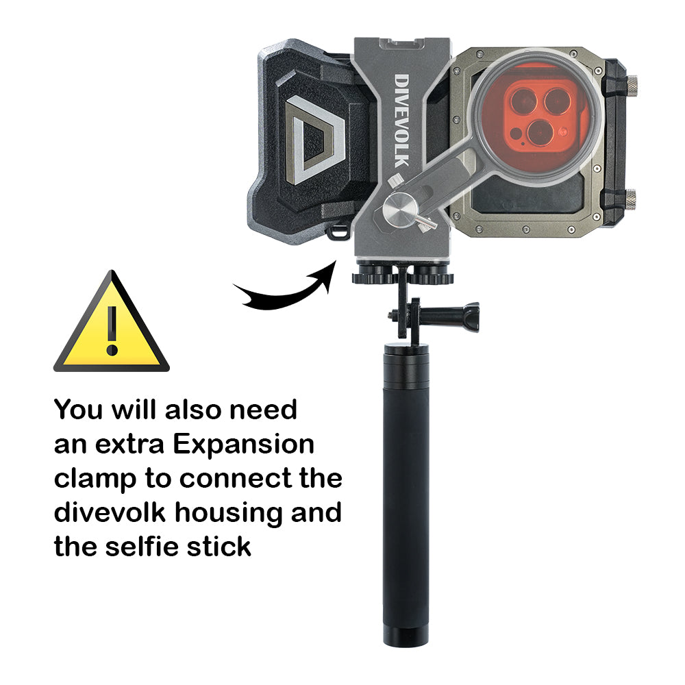 DiveVolk SeaTouch 4 Max housing on selfie stick needs extra clamp