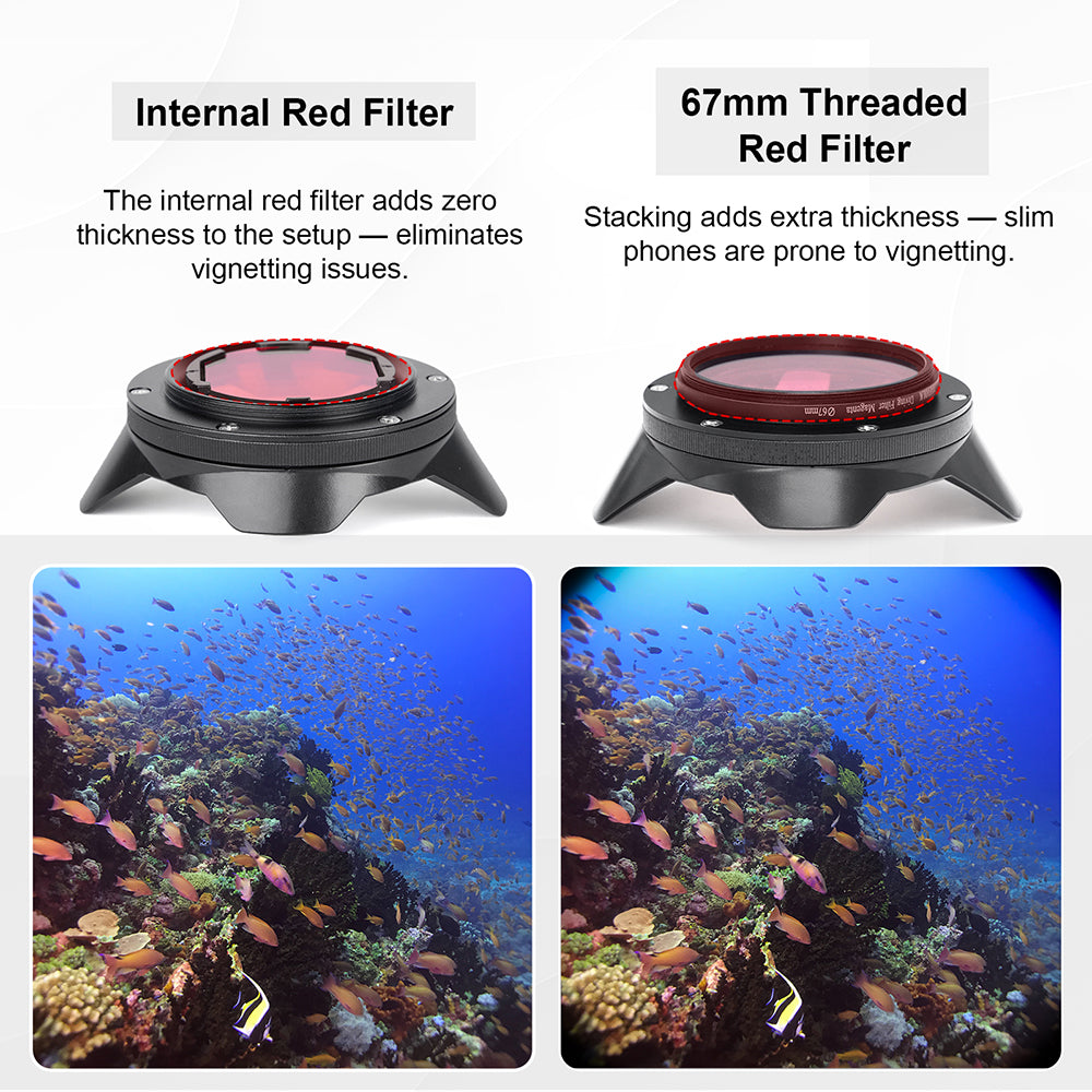 DIVEVOLK Internal Red Filter vs 67mm threaded red filter comparison — internal design adds zero thickness to eliminate vignetting, while stacked 67mm filter causes dark corners on slim phones.