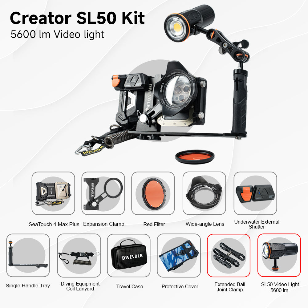 SeaTouch 4 Max Plus Creator SL50 Kit with underwater video light and dive photography accessories
