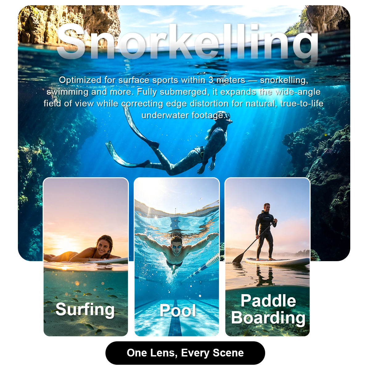 One Lens Every Scene — DIVEVOLK Dome Lens optimized for snorkelling, surfing, pool swimming, and paddle boarding within 3 meters, expanding wide-angle FOV and correcting edge distortion
