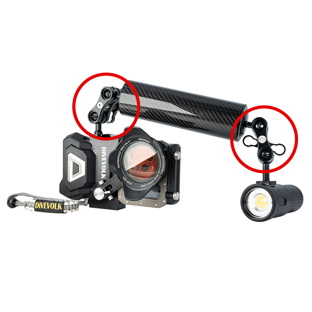 DiveVolk underwater photo gear with ball joint clamp