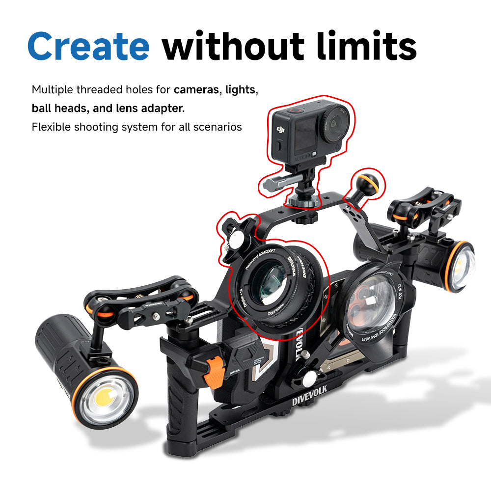 DIVEVOLK dual handle tray with GoPro & diving light, complete underwater photography accessory setup
