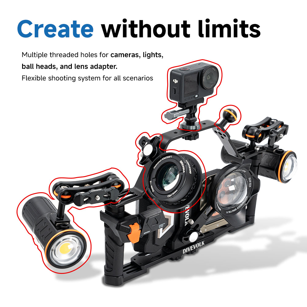 DIVEVOLK dual handle tray with GoPro & diving light, complete underwater photography accessory setup