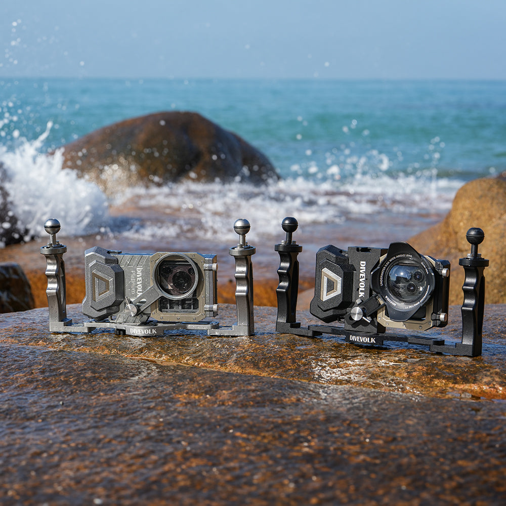DiveVolk dual handle tray for underwater camera housings.
