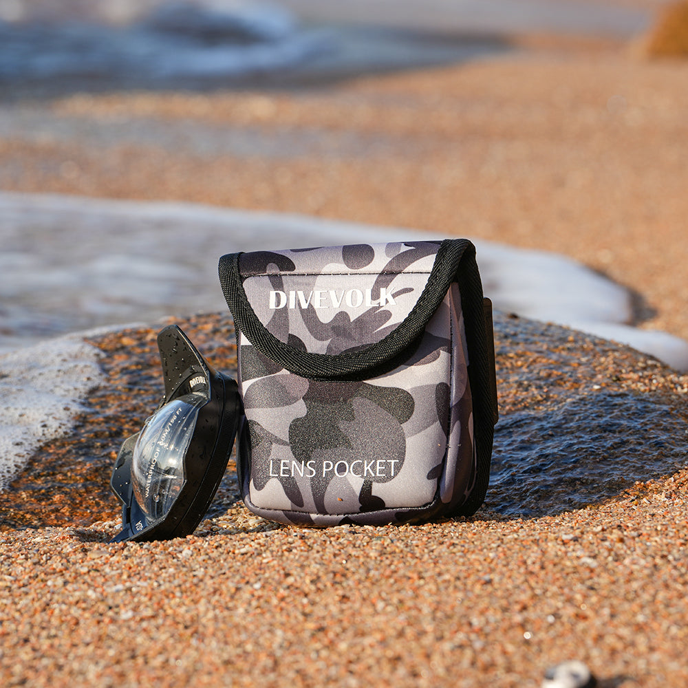 DiveVolk lens pocket and lens on beach for underwater photography