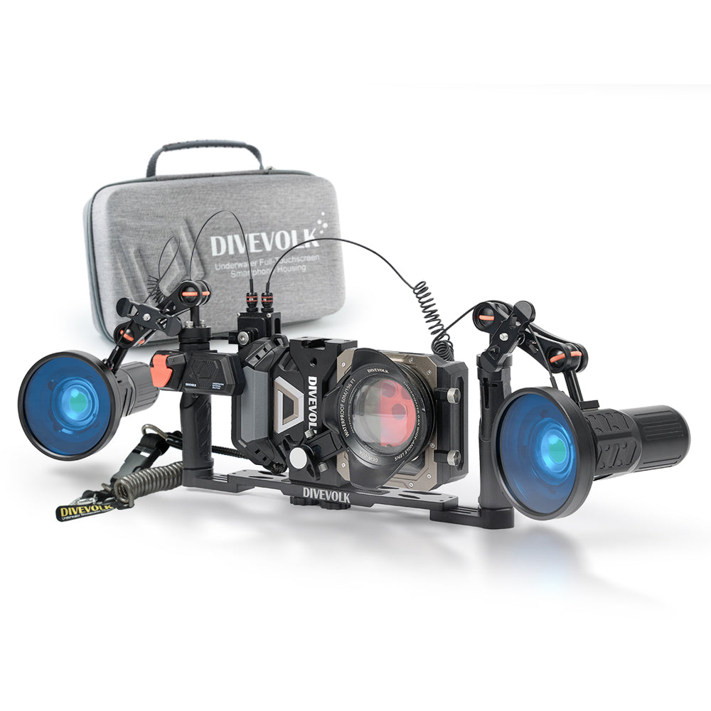 DIVEVOLK SeaTouch 6 PRO Deep Dive SL120 Kit with travel case — housing with wide-angle lens, dual SL120 video lights with ambient blue light filters on extended ball joint arms, optic fibre remote control, DIVEVOLK grey travel case in background.