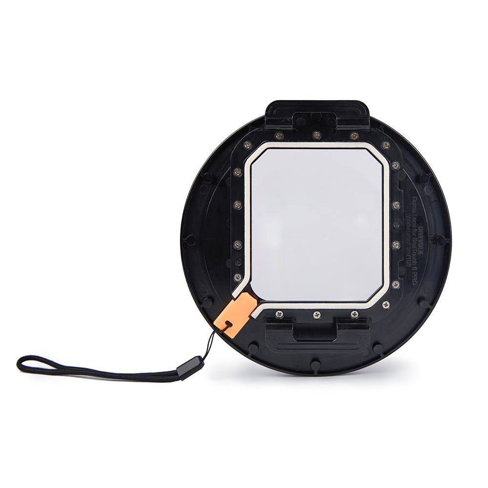 DIVEVOLK Dome Lens back view — sealing strip and orange locking tab for AquaLock water-locking structure, labeled "Dome Lens for SeaTouch 6 PRO Waterproof 3m/10ft"