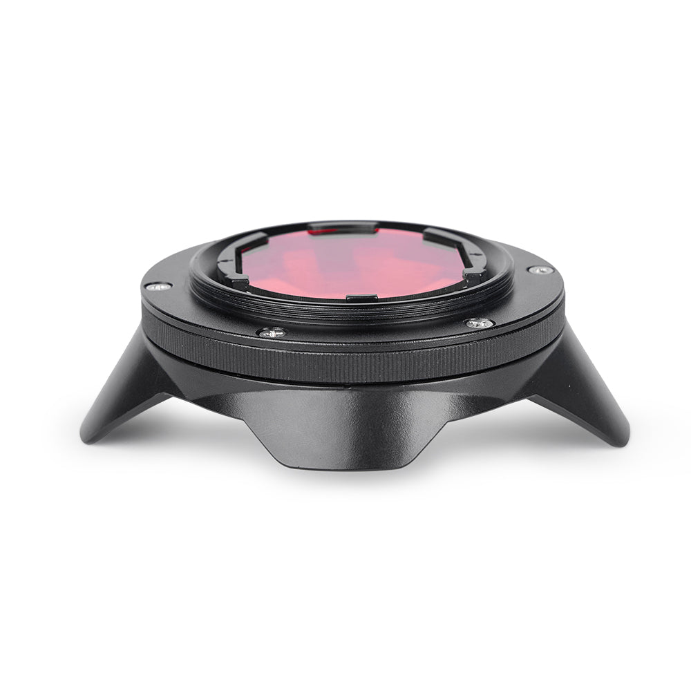 DIVEVOLK Internal Red Filter assembled with expansion clamp — side view showing slim low-profile design with no added bulk.