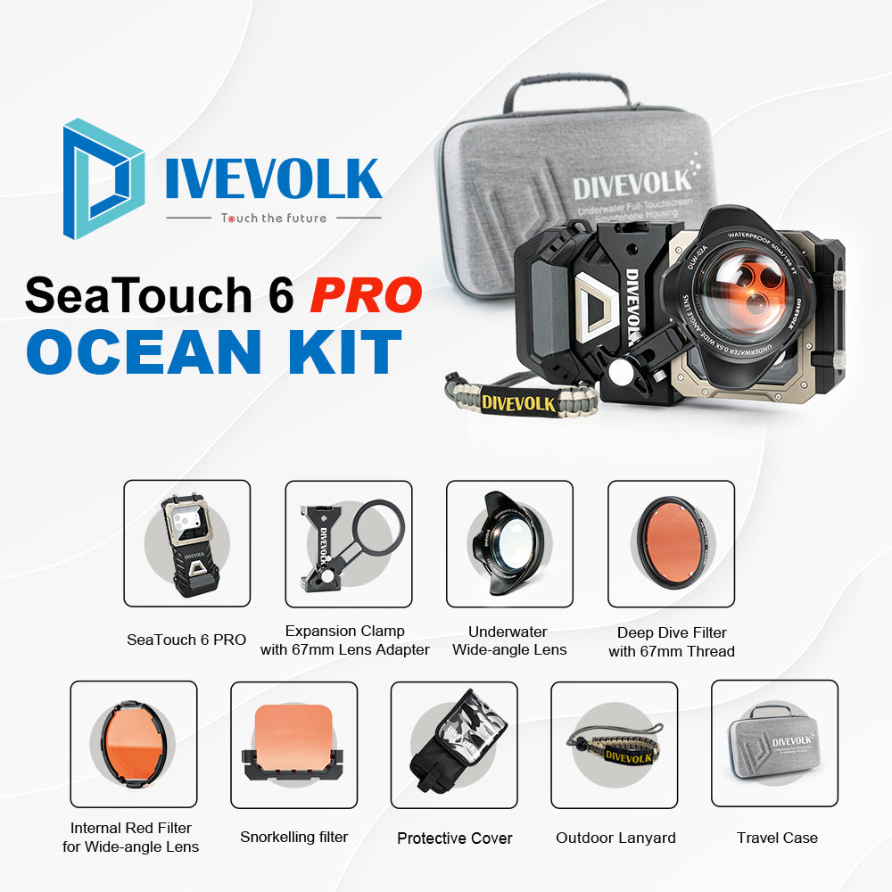 DIVEVOLK SeaTouch 6 PRO Ocean Kit complete set — includes SeaTouch 6 PRO housing, Expansion Clamp with 67mm Lens Adapter, Underwater Wide-angle Lens, Deep Dive Filter, Internal Red Filter for Wide-angle Lens, Snorkelling Filter, Protective Cover, Outdoor Lanyard, and Travel Case.
