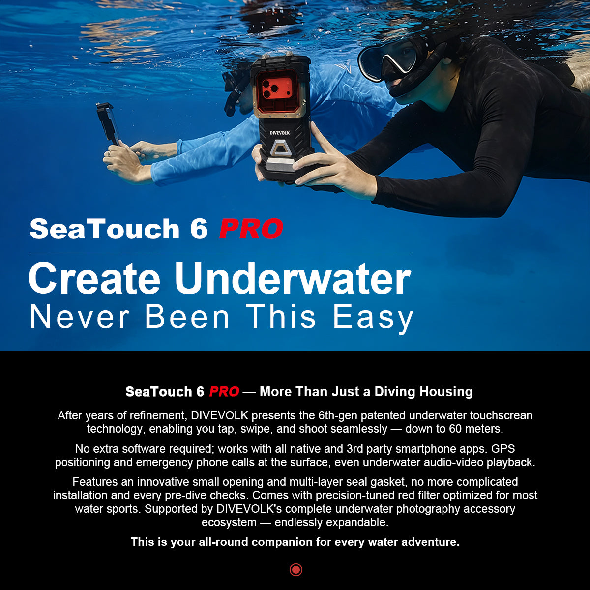 Two divers underwater using the DIVEVOLK SeaTouch 6 PRO waterproof smartphone housing with red filter and Bluetooth remote shutter, showcasing underwater smartphone photography.