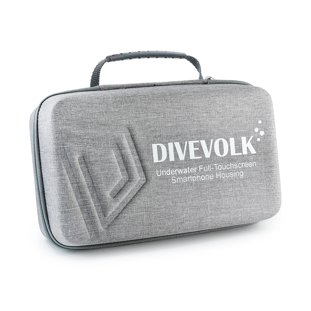 DIVEVOLK travel case front view — grey high-density EVA hard shell with reinforced handle and 3D embossed DIVEVOLK logo.