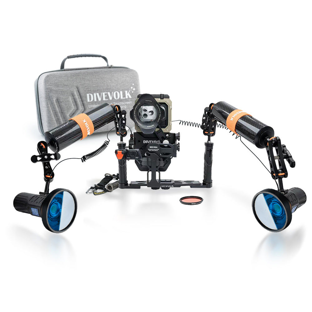 DIVEVOLK SeaTouch 6 PRO Ultimate SL120 Kit with travel case — housing with wide-angle lens, dual SL120 lights with blue ambient filters on float arms via quick-switch mount, DIVEVOLK grey travel case in background.