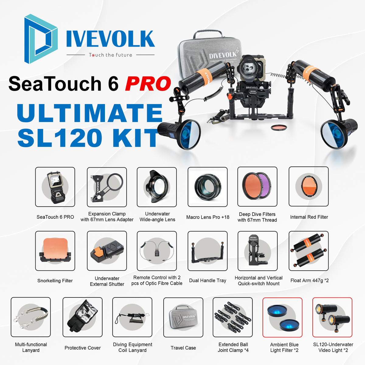 DIVEVOLK SeaTouch 6 PRO Ultimate SL120 Kit — complete pro rig with dual SL120 lights, ambient blue filters, carbon fibre float arms, macro + wide-angle lenses & full accessory set