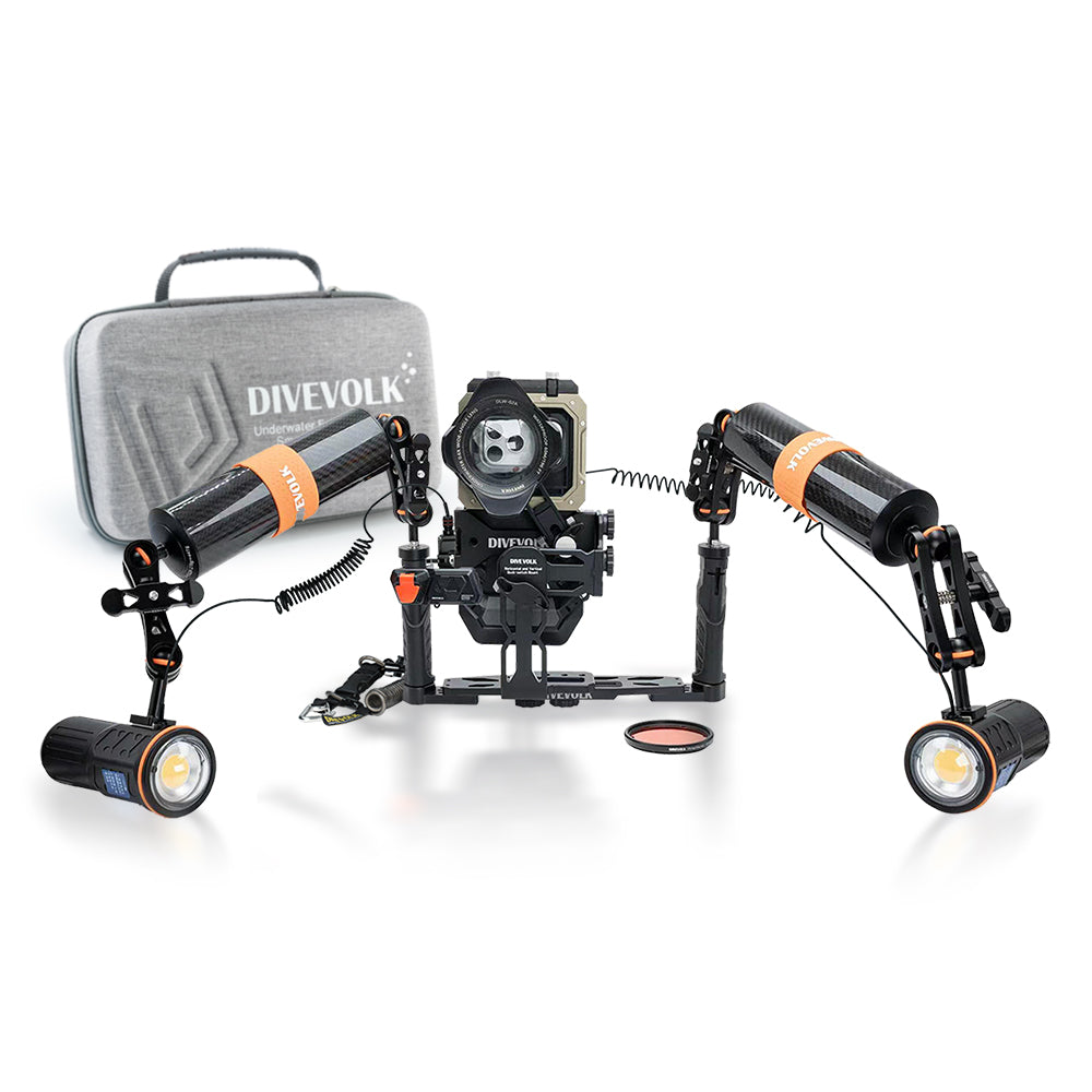 DIVEVOLK SeaTouch 6 PRO Ultimate SL50 Kit with travel case — housing with wide-angle lens, dual SL50 video lights on carbon fibre float arms (447g) with optic fibre remote cables, DIVEVOLK grey travel case in background.