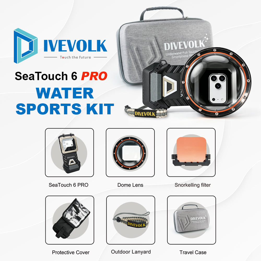 DIVEVOLK SeaTouch 6 PRO Water Sports Kit complete set — includes SeaTouch 6 PRO housing, Dome Lens, Snorkelling Filter, Protective Cover, Outdoor Lanyard, and Travel Case.