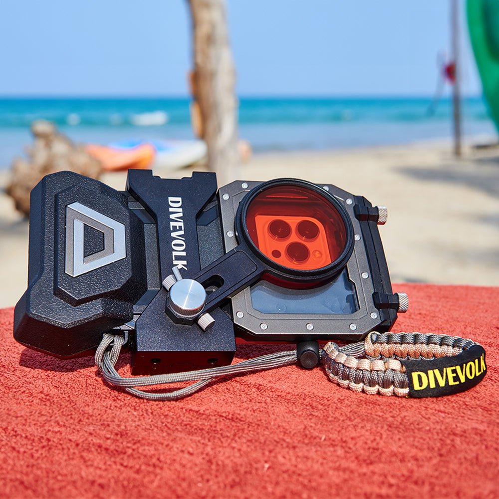 DiveVolk SeaTouch 4 Max housing filter kit on beach
