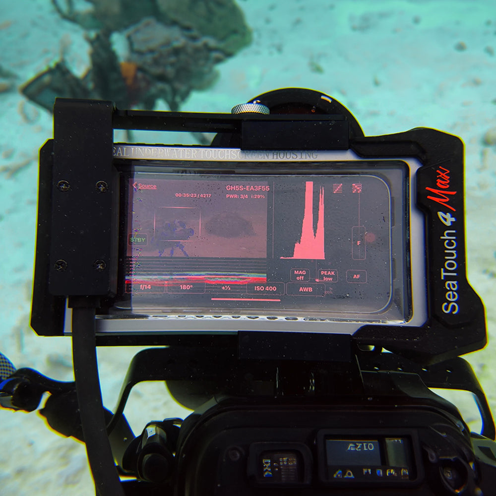 DiveVolk SeaLink WiFi Transmitter connecting underwater housing to camera.
