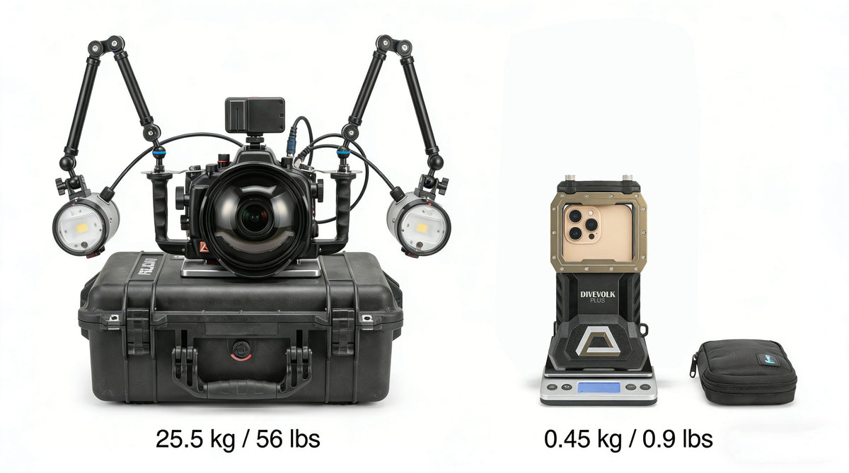 Comparison of traditional underwater camera system versus compact smartphone housing