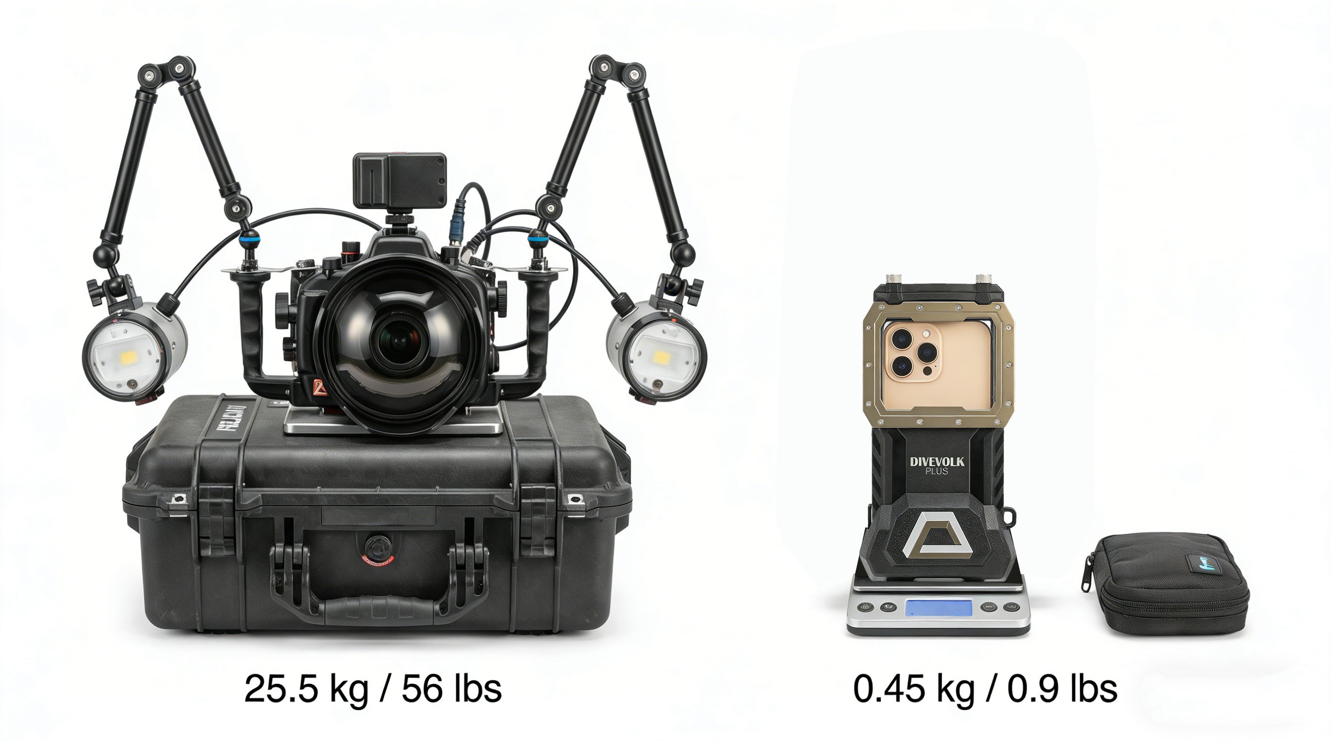Comparison of traditional underwater camera system versus compact smartphone housing