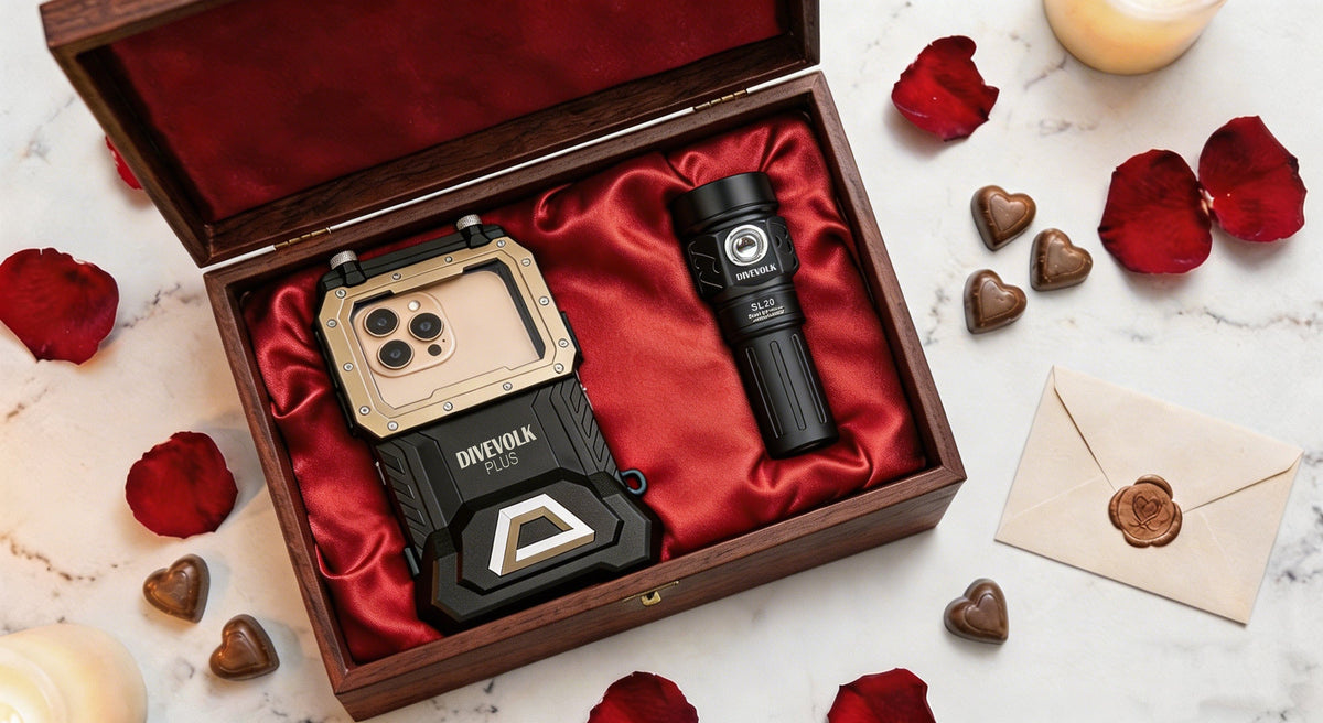Valentine's Day dive gift box with underwater housing and accessories