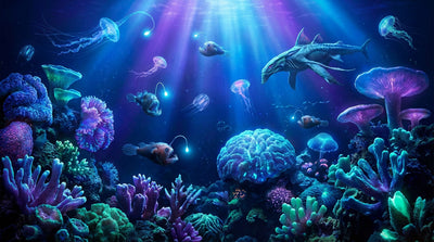 Bioluminescent underwater scene inspired by Avatar Way of Water's Pandora ocean world