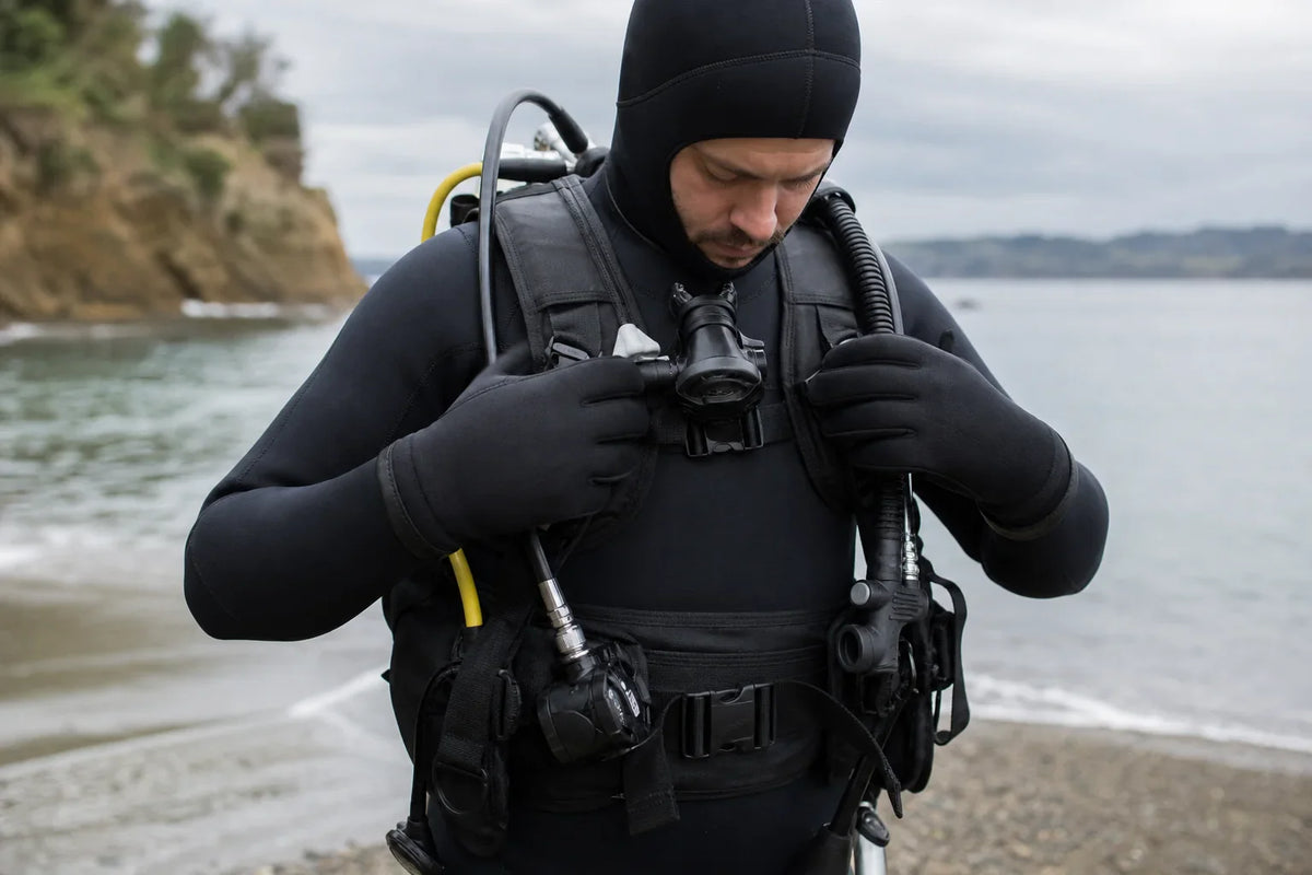 cold water diver checking gear