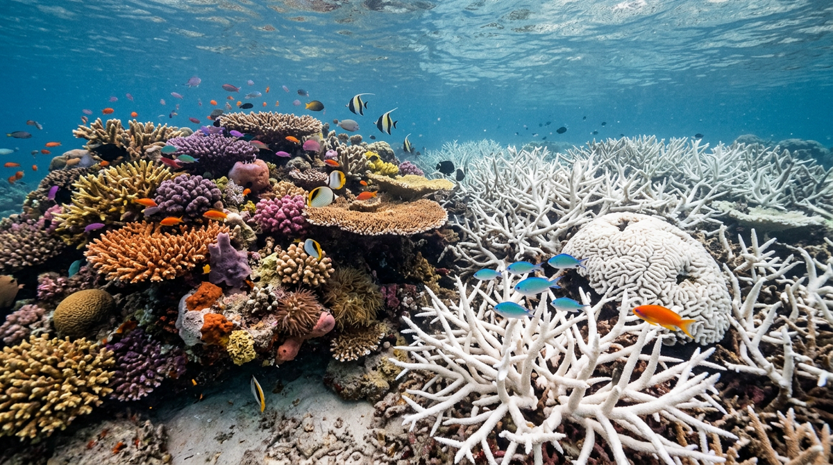 coral bleaching healthy vs damaged reef