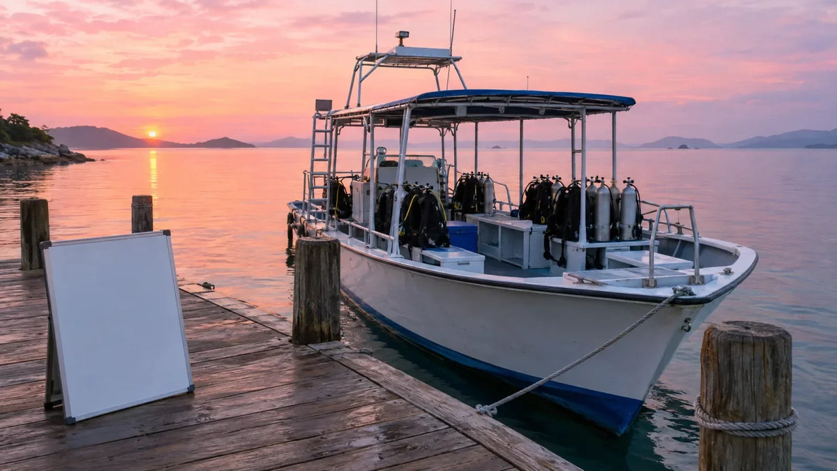 Dive boat moored at a wooden dock at dawn with a blank whiteboard