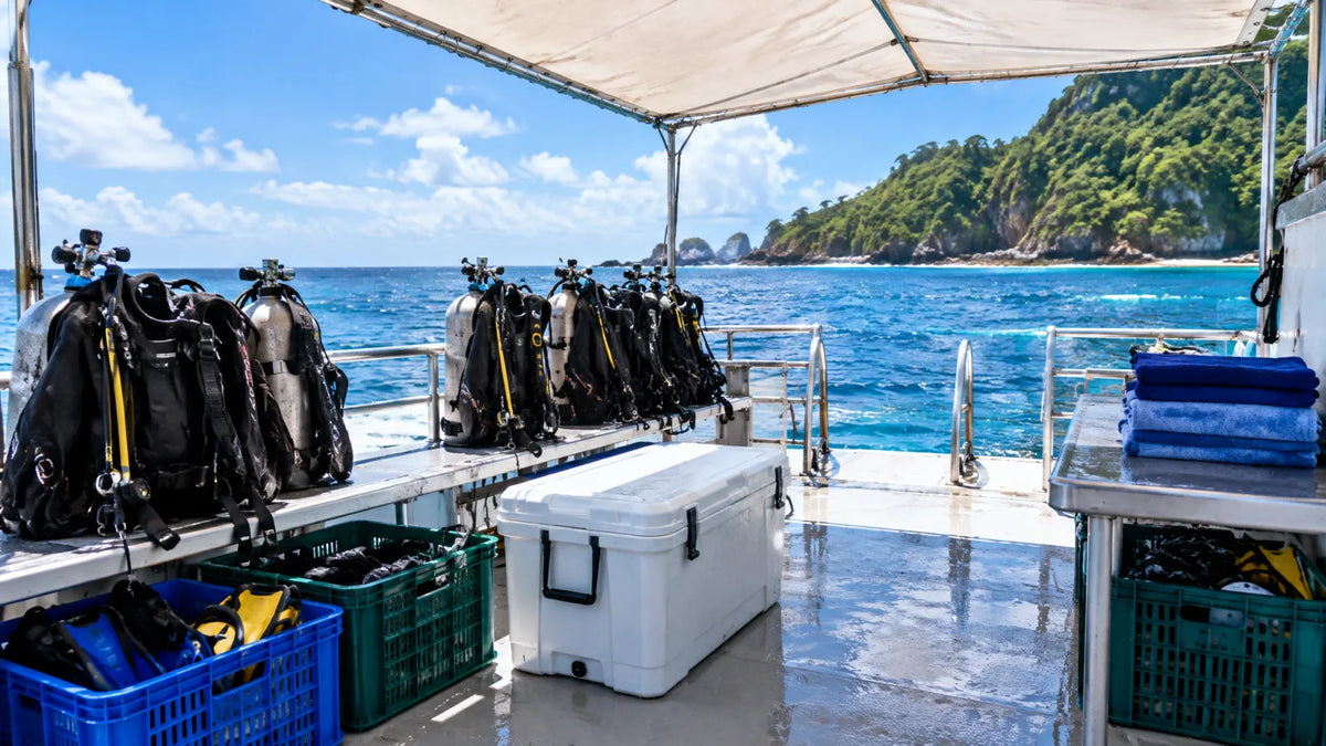 Dive boat deck with a shade canopy, cooler, towels and gear crates