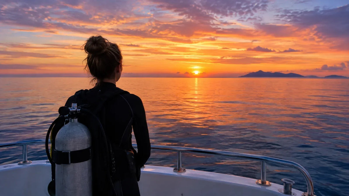 Diver on a boat deck at dusk looking at the horizon