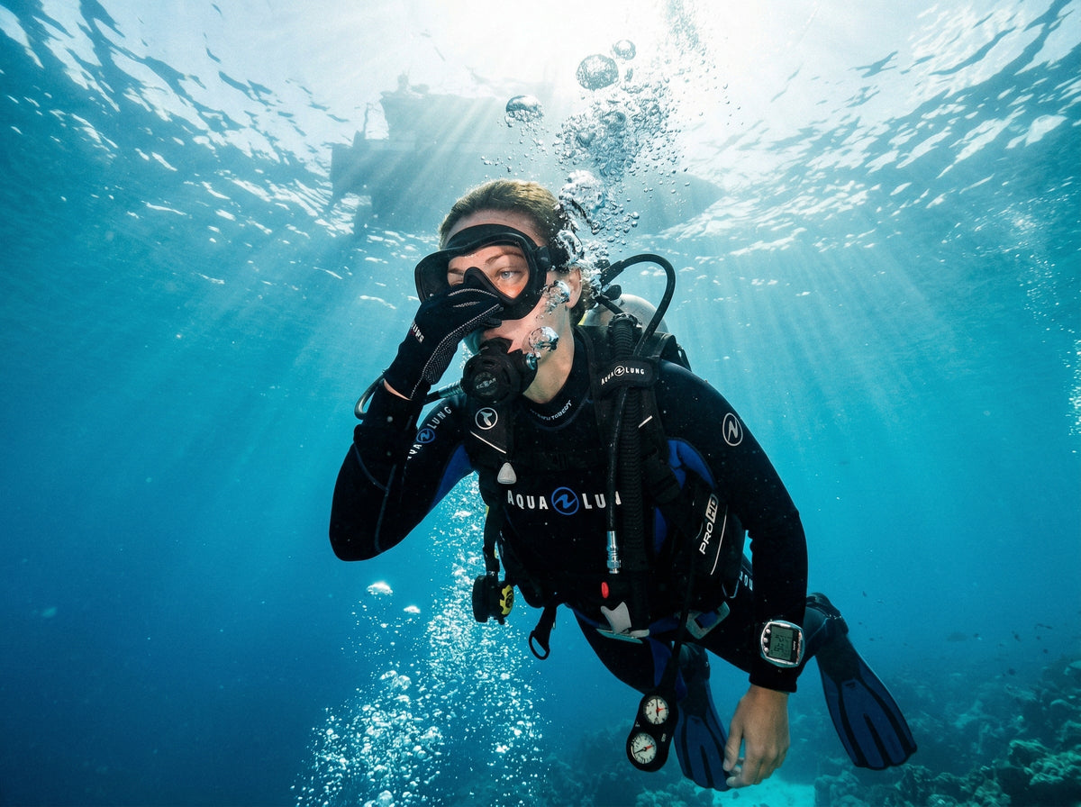 diver equalizing ears pinch nose underwater