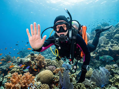 diver stop hand signal coral reef