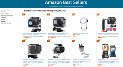 The DIVEVOLK Seatouch 4 Max Plus underwater iPhone housing shown next to an Amazon Best Seller #8 badge.