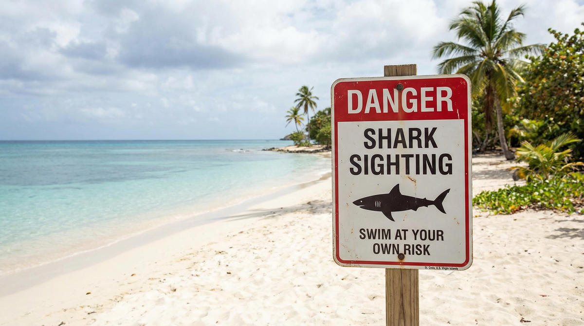 Shark warning sign on a Caribbean beach — St. Croix shark attack safety guide