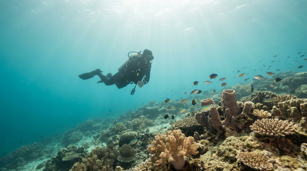 Wide, inviting hero image of Dumaguete diving in the Philippines: warm tropical water, reef scenes, and a diver photographing marine life