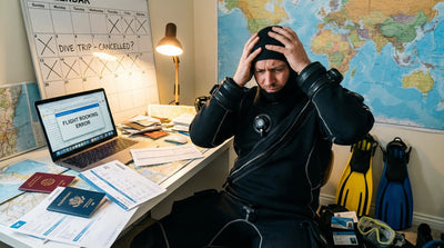 Frustrated diver planning trip surrounded by travel documents and dive gear