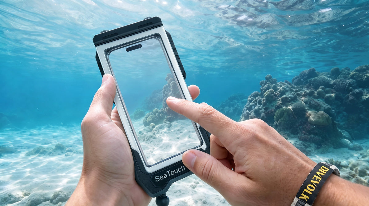 hand swiping touchscreen housing underwater