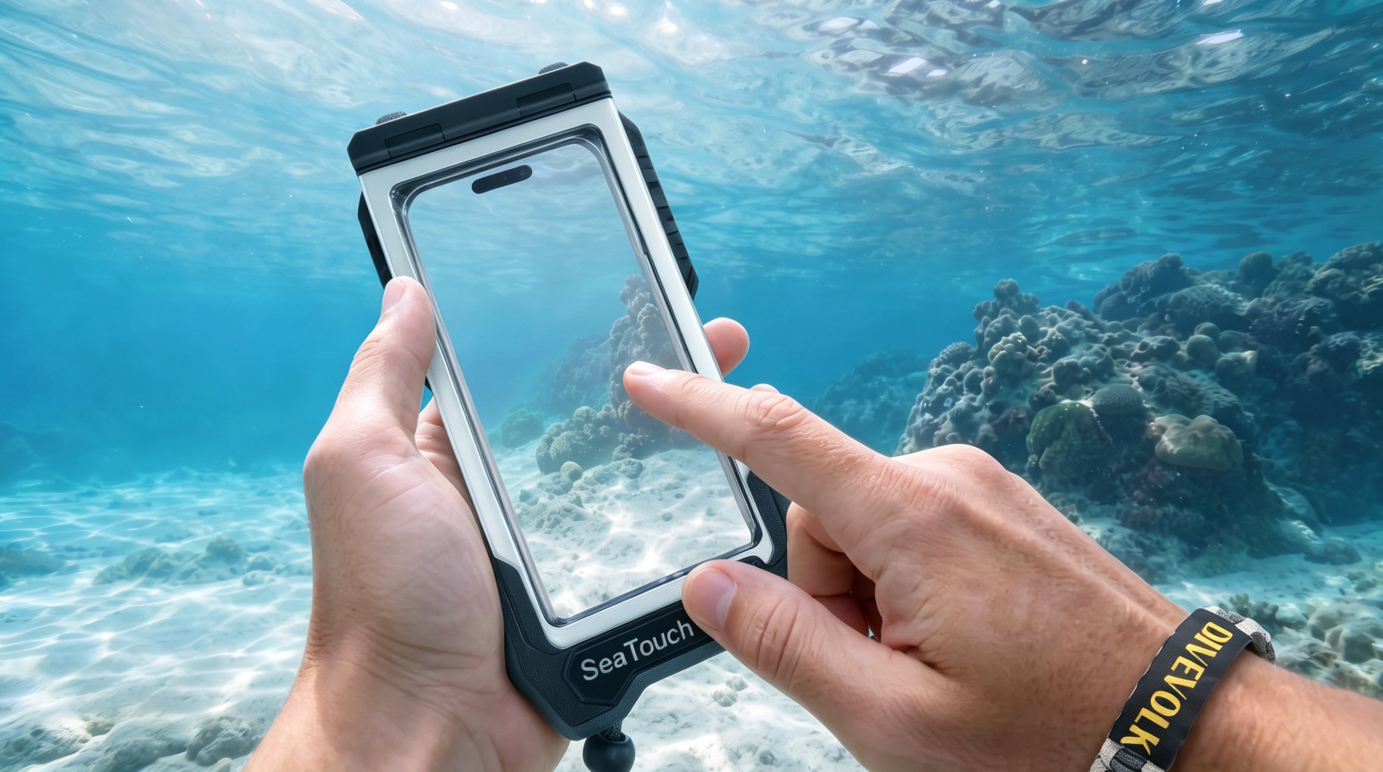 hand swiping touchscreen housing underwater