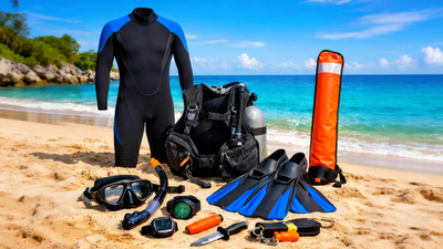 A complete set of scuba diving equipment laid out on a sandy beach, including a wetsuit, BCD, fins, mask, snorkel, dive computer, and an orange surface marker buoy against a tropical ocean background.