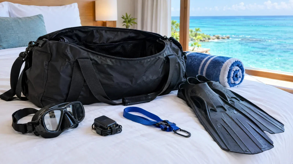 Open dive duffel bag on a resort bed with a mask, fins, charger and lanyard, ocean view behind
