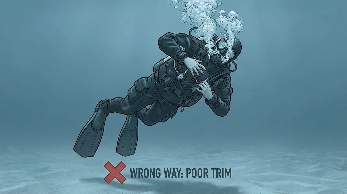 Diver struggling with overweighting and poor buoyancy control underwater