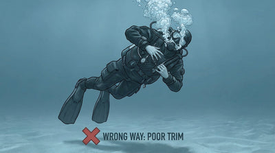 Diver struggling with overweighting and poor buoyancy control underwater