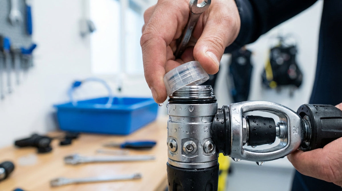 Close-up of scuba regulator maintenance showing proper dust cap care