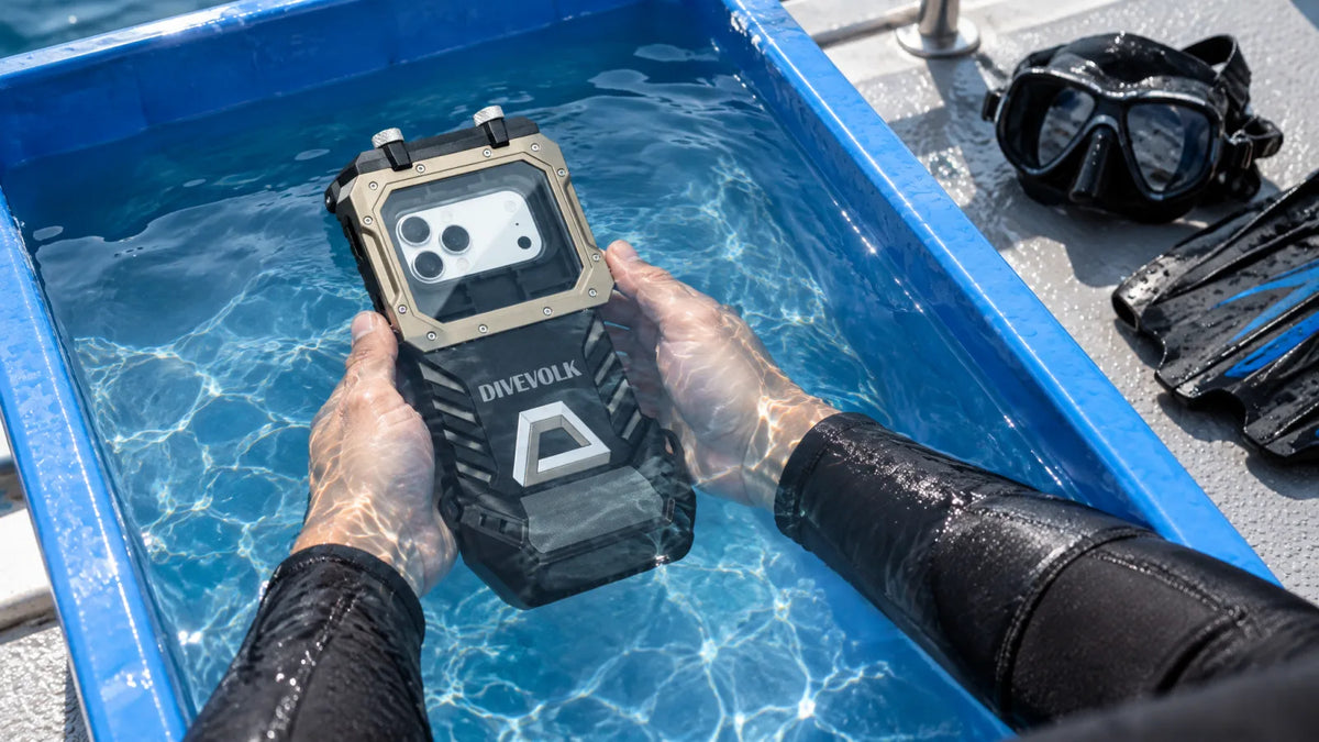 SeaTouch 6 Pro with an iPhone inside held in a freshwater rinse tank on a dive boat after the dive