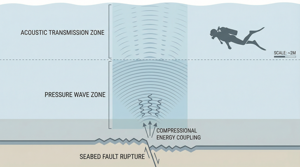 Diagram of seismic wave coupling through the water column during an underwater earthquake