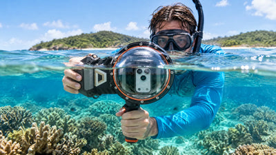 Snorkeler holding a DIVEVOLK SeaTouch 6 Pro with the second-generation Dome Lens half-submerged above a shallow reef